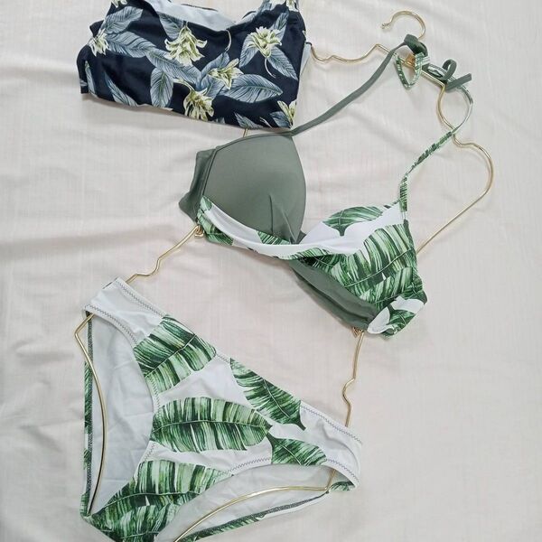 【新品未使用】水着 ビキニ スイムウェア/水着ビキニ ワンピース/3点セット/セパレート/バナナリーフ柄/Lサイズ/匿名即日発送