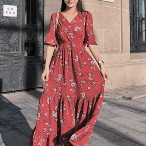 レッド 総柄 花柄 シフォン風素材 ボタニカル マキシワンピース マキシロングワンピース フリルワンピース リゾートワンピースリゾート