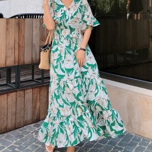 グリーン 総柄 花柄 シフォン風素材 ボタニカル マキシワンピース マキシロングワンピース フリルワンピース リゾートワンピースリゾート
