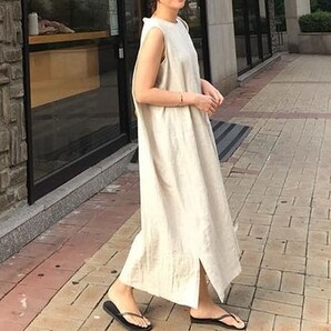 ホワイト 綿麻生地 ロングマキシワンピース マキシワンピース ノースリーブワンピース シャツワンピースお探しの方にも ゆったり シンプル