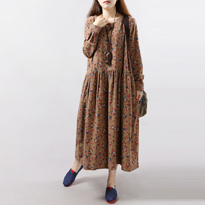 ブラウン 小花柄 長袖ワンピース紺色 ネイビー 清楚 可愛い ゆったり おお振り マタニティ 大きめ ロングワンピース ロングマキシ