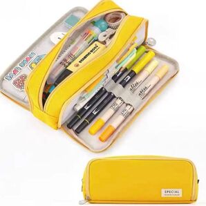 両面開き大容量 ペンケース 筆箱多機能化粧ポーチ 学生 社会人用 イエロー