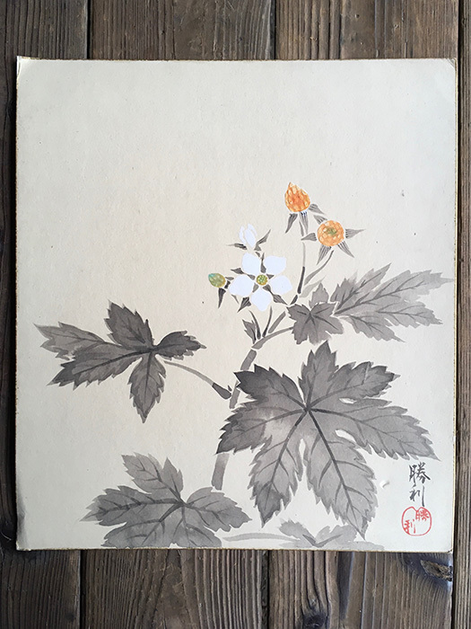 Colored Paper Painting Victory Flower Used Antique Signed Painting Authenticity Guaranteed Japanese Painting Interior Colored Paper 20.10.07-3., painting, Japanese painting, flowers and birds, birds and beasts