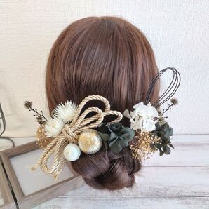 髪飾り ヘッドドレス ドライフラワー*結婚式 成人式 卒業式 振袖 袴 前撮り~和風 ロープ 和玉 水引~ブラック 黒 13本