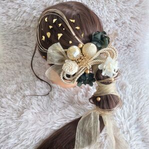 髪飾り ヘッドドレス ドライフラワー*結婚式 成人式 卒業式 振袖 袴 前撮り~ゴールドリボン 大きめ和玉~ブラック 黒 17本