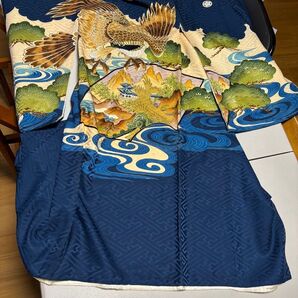 男の子 鷹柄 お宮参り着物 祝い着 産着 紺色 正絹 No.1