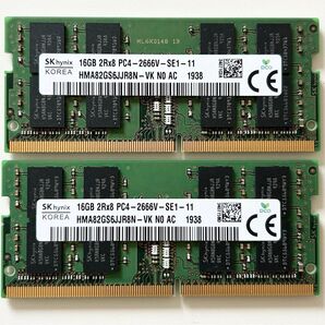 2枚セット SKhynix DDR4 メモリ PC4-2666V 16GB x2 計32GB ノートPC用