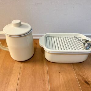 富士ホーロー 角型天ぷら鍋& フィルト オイルポット ホーロー 1.0L セット