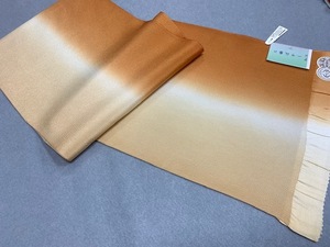  remainder a little made in Japan * pongee * fine pattern .* silk crepe-de-chine 2 color bokashi obi age ( orange series ..)⑭