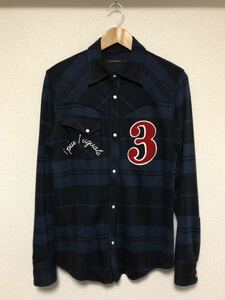 美品 1piu1uguale3 ロゴ刺繍 ワッペン チェックシャツ 4(Ⅳ) Mサイズ ネイビー レッド 紺 赤 ブルー 青 デニムシャツ wjk junhashimoto AKM