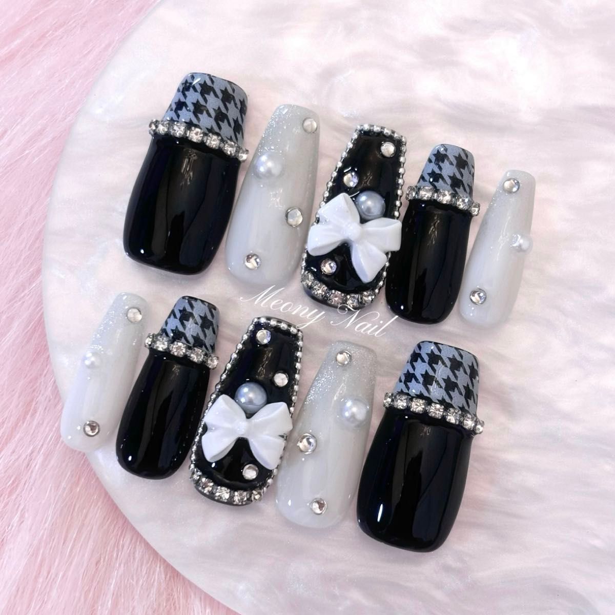 No113.オーダー量産型ワンホン韓国フレンチガーリースナ系ジェルリボンネイルチップ