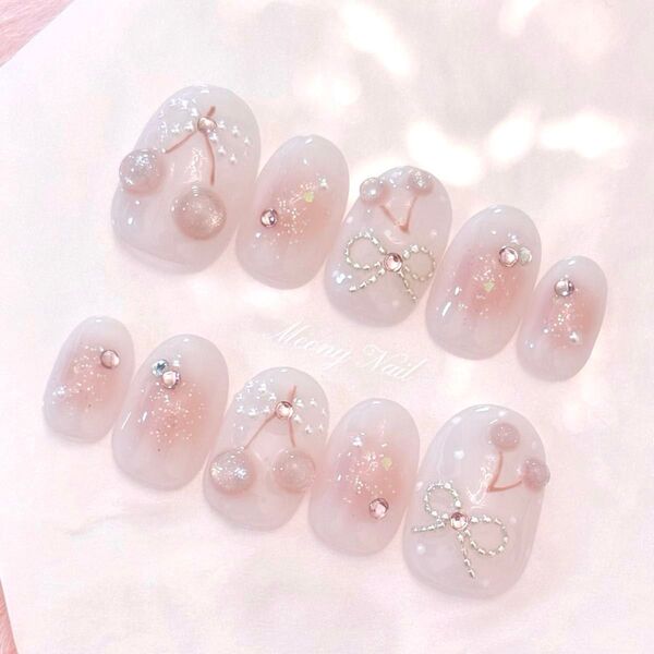 No.106 オーダー 量産型 ワンホン 韓国 フレンチガーリー スナ系 ジェル ネイルチップ さくらんぼ チェリー チーク