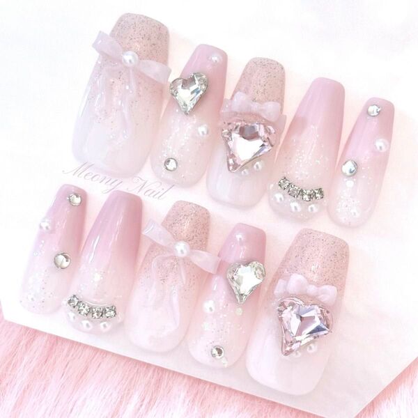 No.99 オーダー 量産型 ワンホン 韓国 フレンチガーリー スナ系 ジェル ネイルチップ リボン ハート ピンク バレエコア