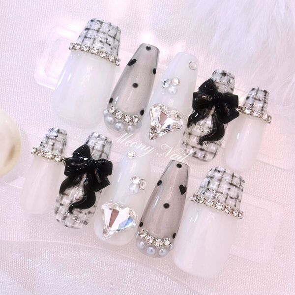 No.85 オーダー 量産型 ワンホン 韓国 フレンチガーリー スナ系 ジェル ネイルチップ リボン ツイード ドット ハート