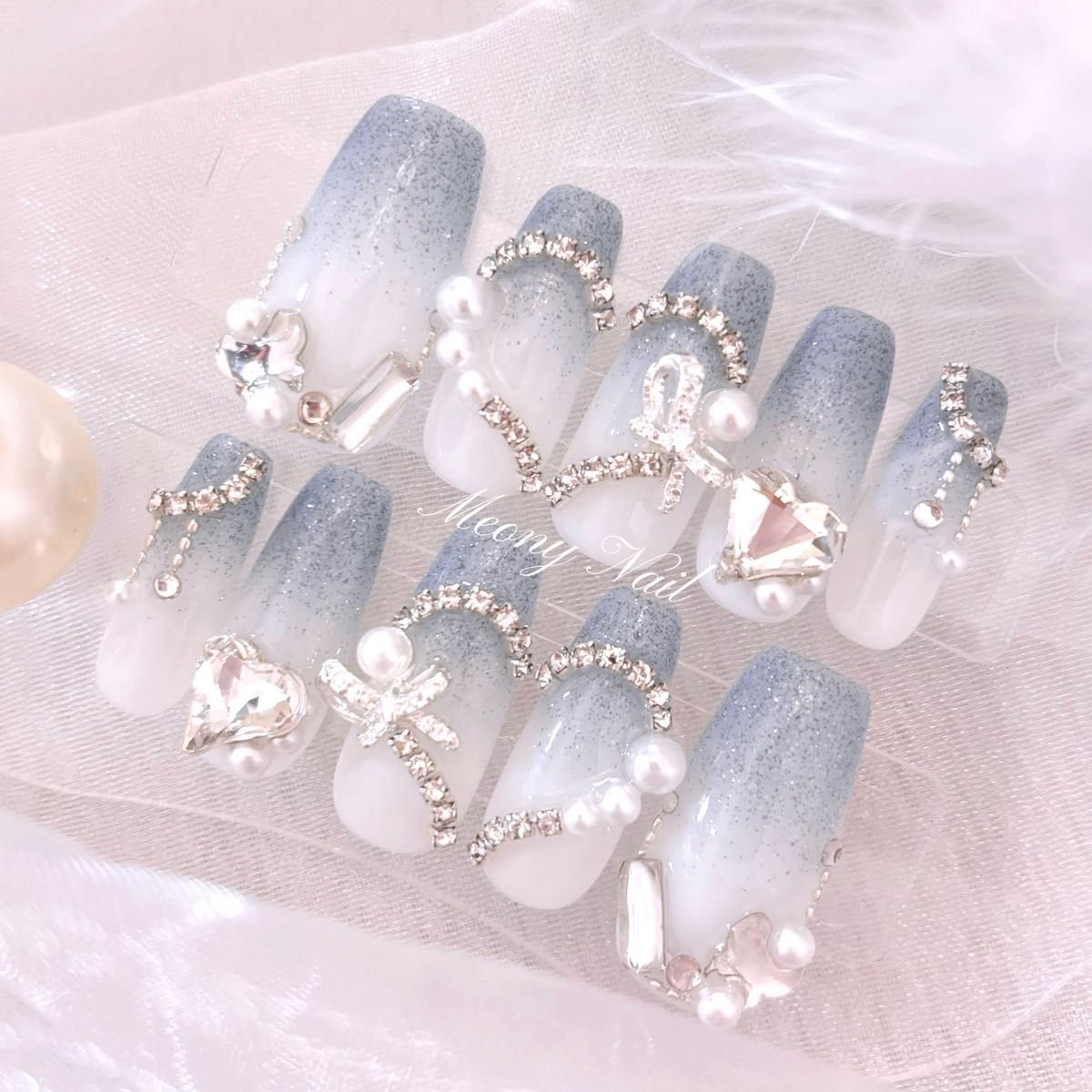 No.84 オーダー 量産型 ワンホン 韓国 フレンチガーリー スナ系 ジェル ネイルチップ リボン ハート ビジュー