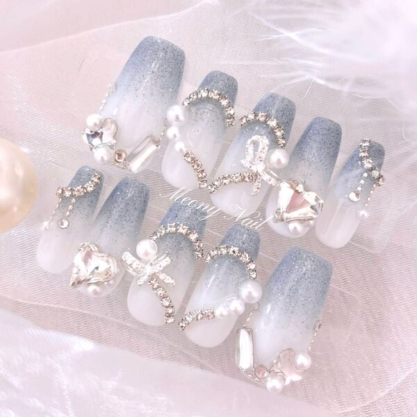 No.84 オーダー 量産型 ワンホン 韓国 フレンチガーリー スナ系 ジェル ネイルチップ リボン ハート ビジュー