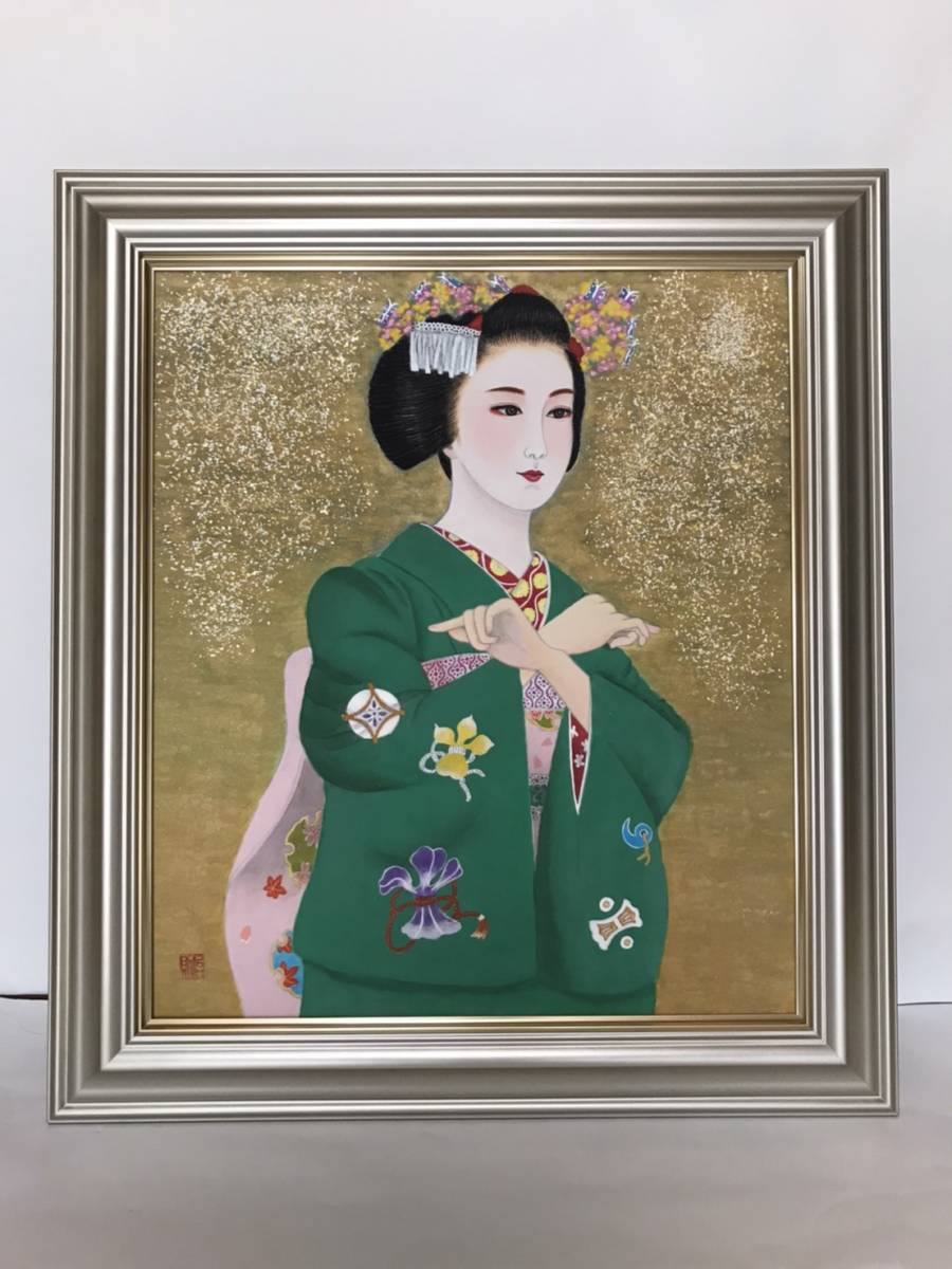 [Authentic] Yamada Harunori Maiko in Green Kimono Japanese painting, No. 10, selected for the Ueno Royal Museum Exhibition for three consecutive years, Kyoto University of the Arts graduate, 16, Painting, Japanese painting, person, Bodhisattva