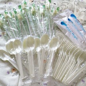 介護用品 口腔ケアハビナース11本 医療介護衛生不織布3枚 スプーン10本 フォーク16本 計40