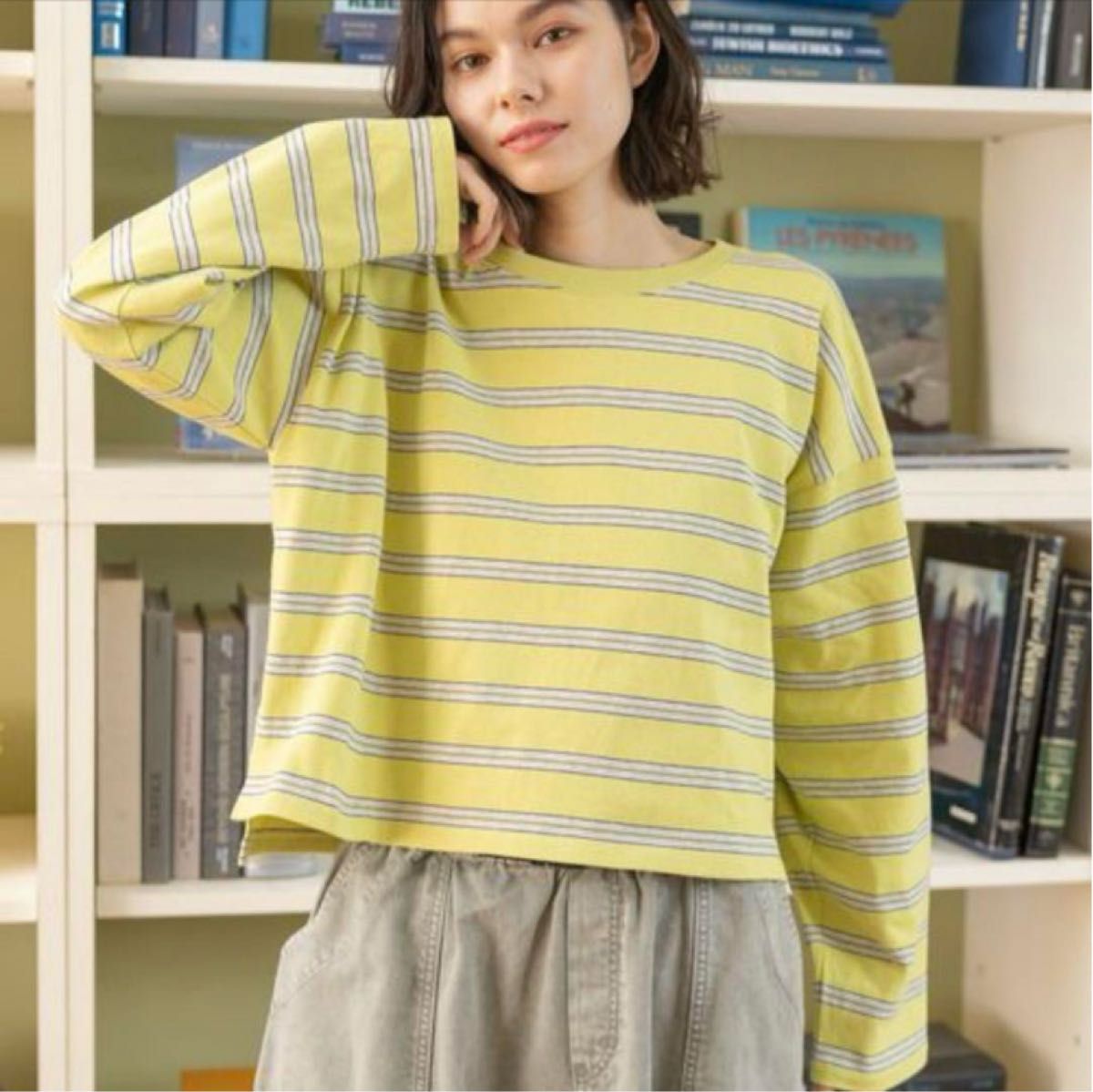【美品】niko and COLORマイスター TEE ショート　ニコアンド ボーダー 長袖カットソー イエロー 長袖 カットソー