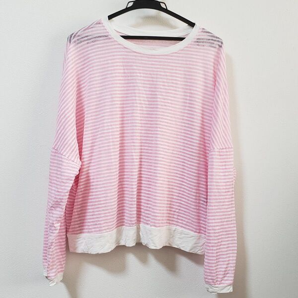 ピンクボーダー長袖Tシャツ シアートップス ロンT カットソー カジュアル