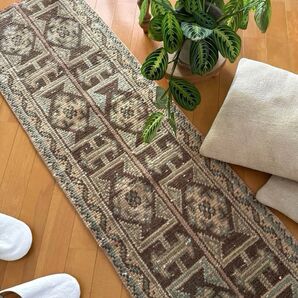 42.5×131 カーキ パッチワーク ランナーラグ トルコヴィンテージラグ