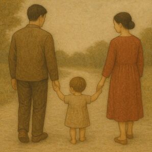 家族のイラスト 親子 手をつなぐ 絵画 photo フォトフレーム付き127×178mm