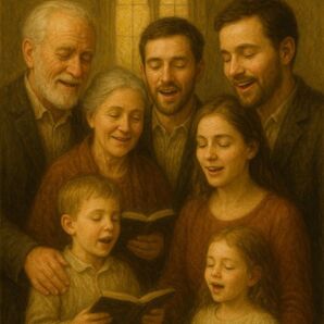 家族の絵画 讃美歌を歌う 神様を讃美 photo フォトフレーム付き127×178mm