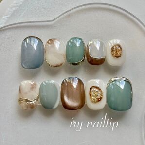 ネイルチップ ブルー&ブラウン トレンド 秋冬ネイル ニュアンスネイル マグネットネイル ミラーネイル こっくり秋冬ネイル