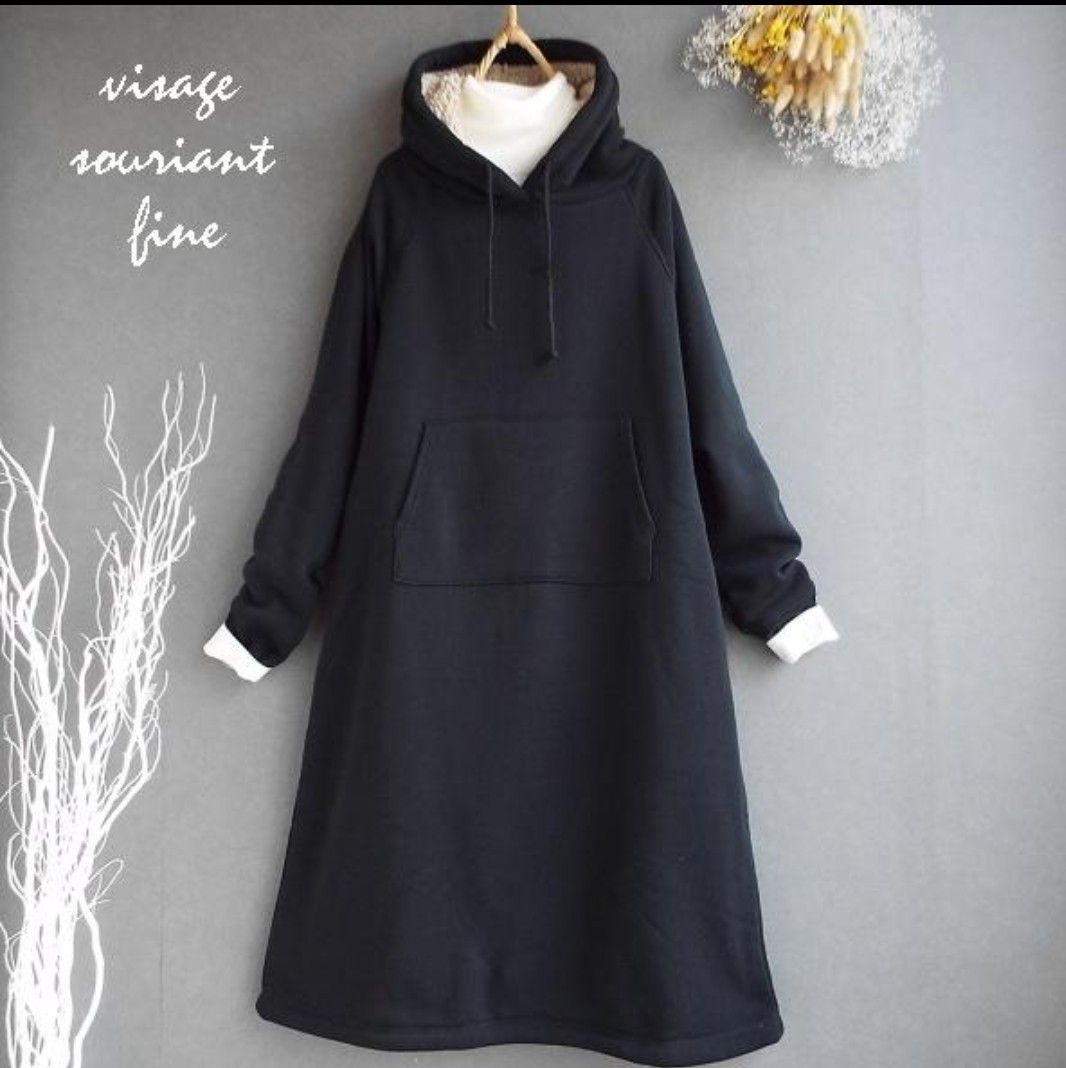 新品未使用ワンピース パーカー ロング ボーダー 起毛 裏ボア チュニック きれいめ レディース ゆったり長袖 s2751M