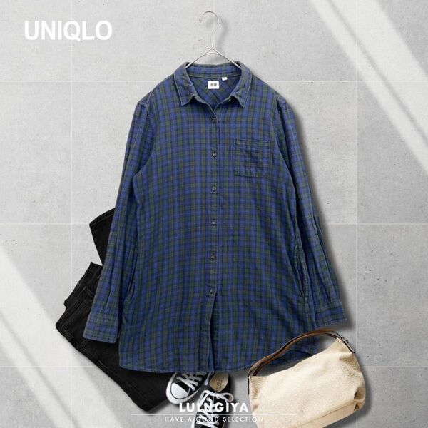 ☆在庫整理"最終価格☆F0419*UNIQLO レディース長袖チェック柄ボタンシャツ*ロング丈 L ユニクロ ネイビー