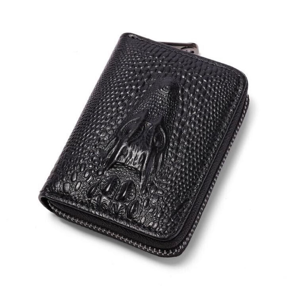 本革 カードケース お札入れ クロコデザイン メンズ 小銭入れ 黒 レザー ラウンドファスナー 小物