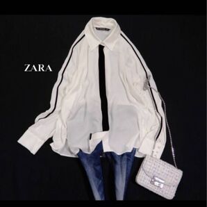 ZARA BASIC ザラ ベーシック ブラウス バイカラー ドレスシャツ 長袖 シフォン アイボリー /M