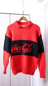 ★ヴィンテージ 80S Coca-Colaコカコーラ ロゴ刺繍襟付きバイカラーニットセーター　　古着ユーズド男性メンズML赤黒レッドブラックレア