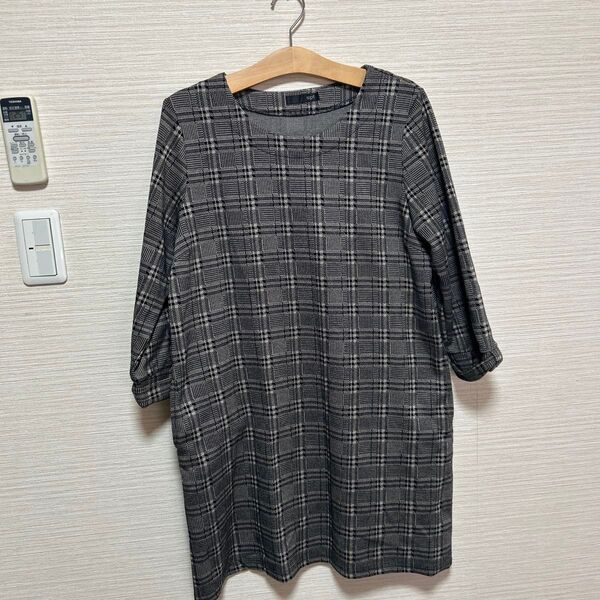 チェック柄ワンピース グレー系 チュニック丈 七分袖 カジュアル