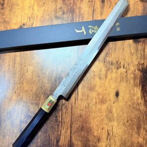 森本光一作 刺身 先丸 青ニ鋼 墨流し 尺一寸 黒檀八角水牛柄