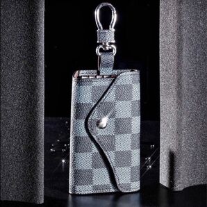 チェック柄キーケース PUレザー ブラック