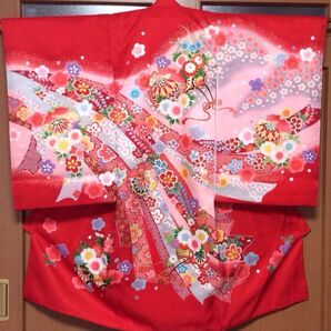 ★ 正絹 女の子 お宮参り 着物 赤地 熨斗目 鞠 古典柄