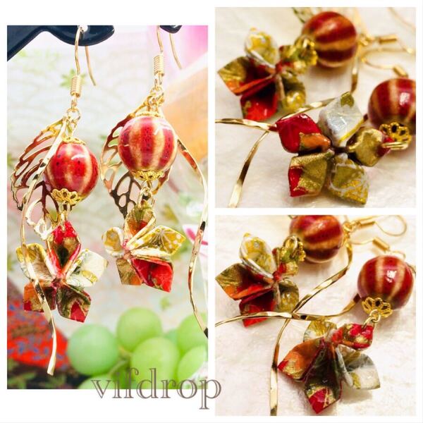 【赤金 紅葉柄】もみじ型和紙&とんぼ玉の和風ピアス イヤリング