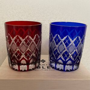 新品・未使用品 TABLEAU 江戸切子 オールドグラス ペア 赤・ルリ 食器 木箱入り 太武朗工房
