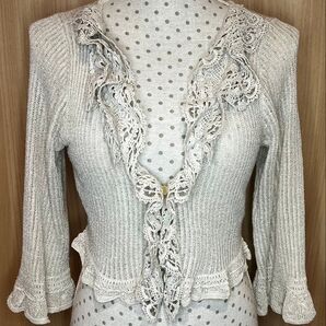 美品 TO BE CHIC ニットカーディガン レース フリル ホワイト系 七分袖 サイズⅡ