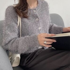 新品タグ付き 2wey シャギーニット カーディガン Free ニットカーディガン チャコールグレー