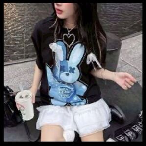 病みかわ うさぎ オーバーサイズ Tシャツ ストリート 地雷系 Z世代 原宿 青 ブラック ビックサイズ ゆるだぼ ユニセックス