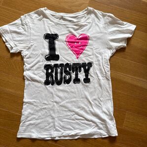 I LOVE RUSTY Tシャツ ホワイト ピンク ハートロゴ カジュアル