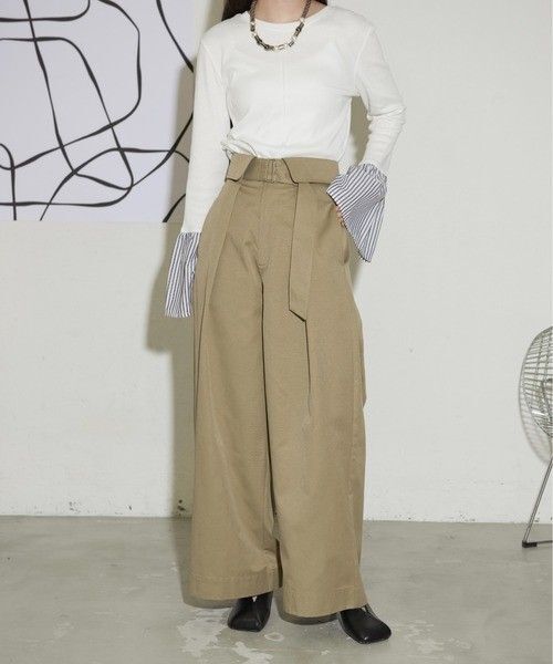 THE YOn ザヨン パンツ チノパン レディース カフウエストベルテッドタックワイドパンツ S オリーブ