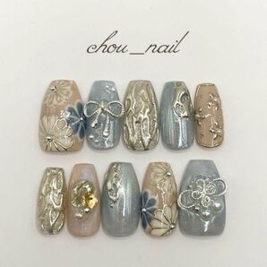 【現品・サイズ変更可能】 ネイルチップ成人式卒業式和柄振袖袴水色