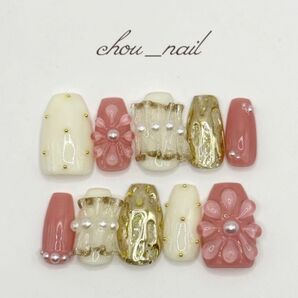 【1点限り!!】ネイルチップお呼ばれ結婚式ブライダル成人式卒業式振袖袴ピンクフリルぷっくりフラワー