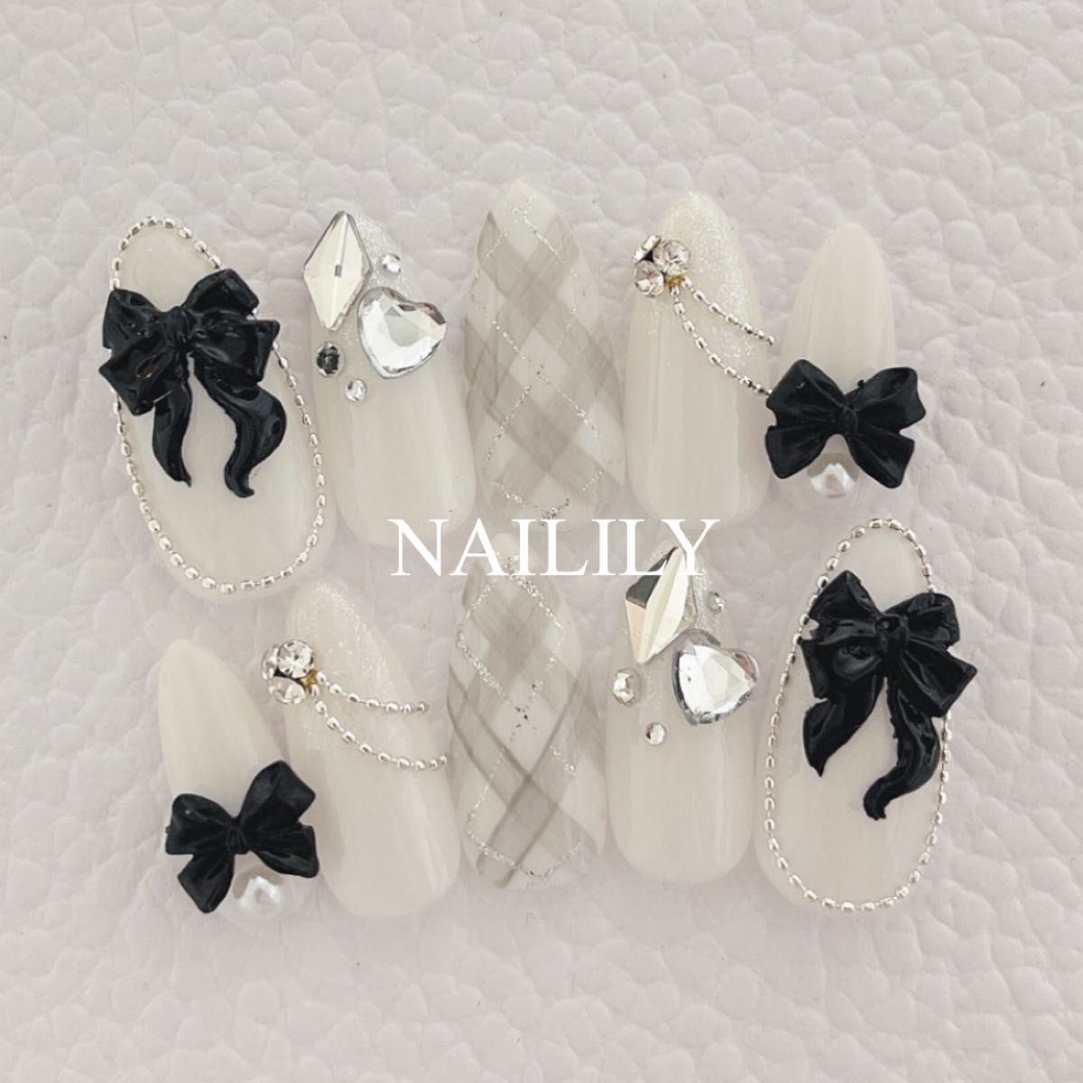 ネイルチップ チェック リボン キラキラ ワンホンガーリー 韓国 量産型