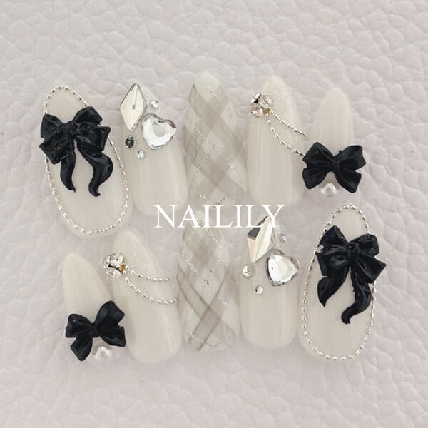 ネイルチップ チェック リボン キラキラ ワンホンガーリー 韓国 量産型