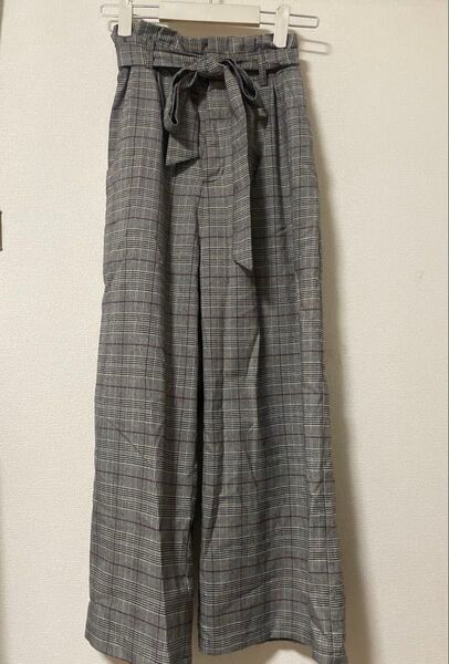 グレー系 チェック ワイドパンツ リボン付き ハニーズ Honeys 秋 冬 ガウチョパンツ