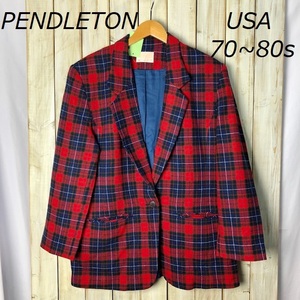 米買付 70's USA製 PENDLETON ペンドルトン チェック 1B ウールジャケット 12 オールド ヴィンテージ アメリカ古着 ユニセックス 赤 ●7